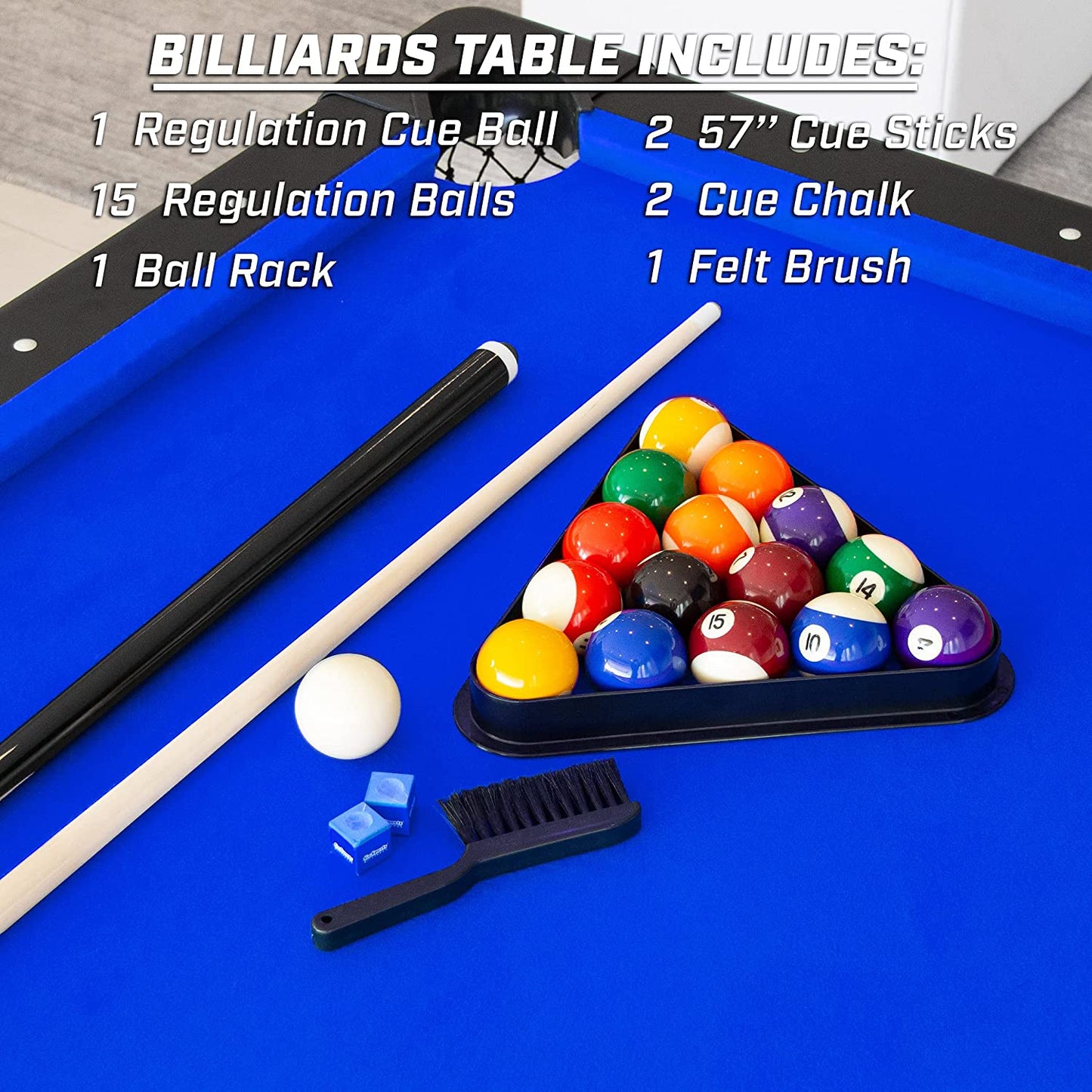 GoSports 7ft Billiards Table – Portable Pool Table – Includes Full Set of Balls, 2 Cue Sticks, Chalk, and Felt Brush
