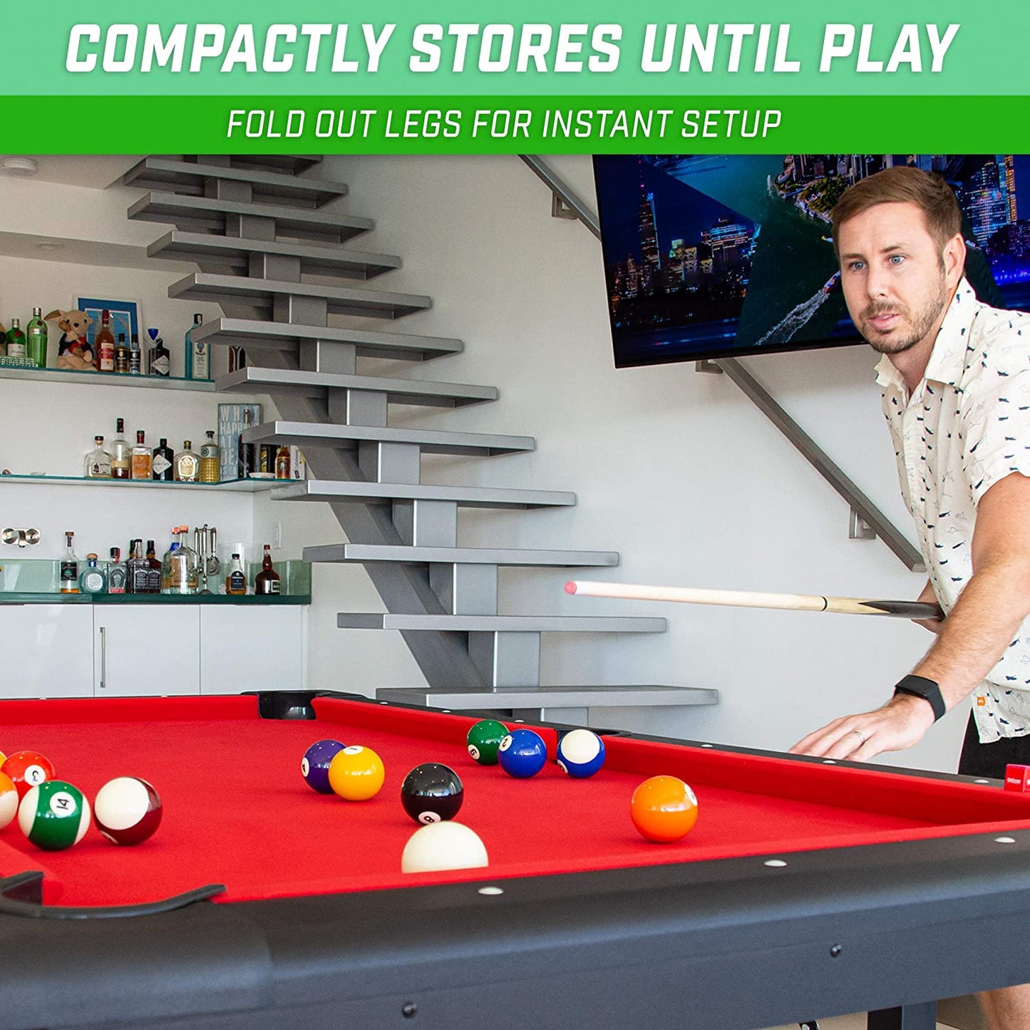 GoSports 7ft Billiards Table – Portable Pool Table – Includes Full Set of Balls, 2 Cue Sticks, Chalk, and Felt Brush